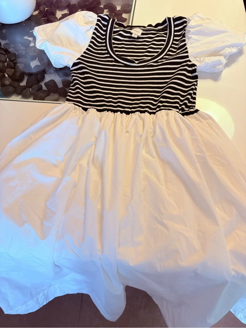 Maeve Striped Bodice Puff-Sleeve Midi Dress in White and Black - Picture 4 of 15
